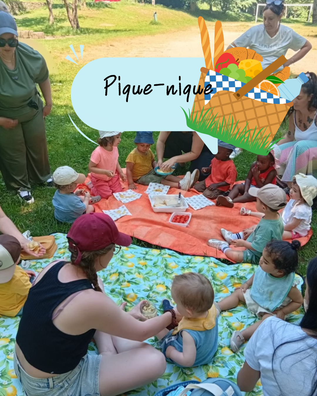 Pique-nique parents enfants à la micro-crèche Les Berceaux de la Rivière Enfants et parents réunis lors d'un pique-nique organisé par la micro-crèche Les Berceaux de la Rivière